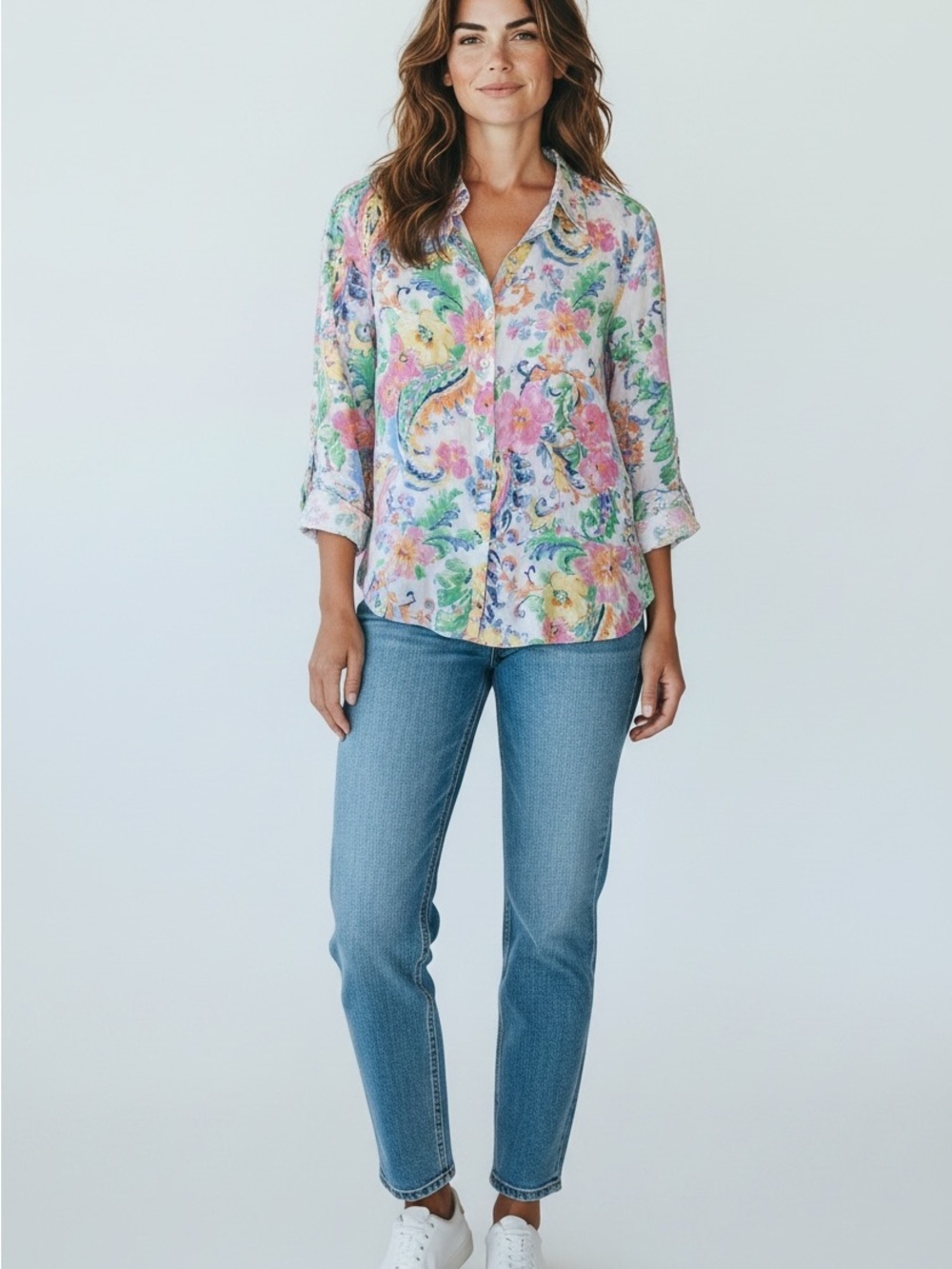 Floral Multicolor Button-Down Shirt - Women's Top Peplum